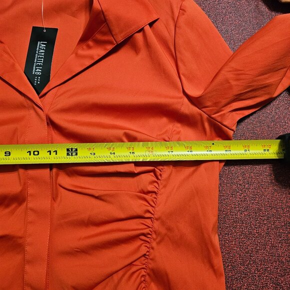 Lafayette 148 NY Orange Ruched Button Up Shirt 12 Structured Stretch Office - Picture 7 of 11